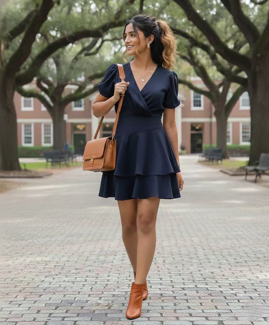 Blue Mini Dress for Women with Wrap Ruffle Style - frontview