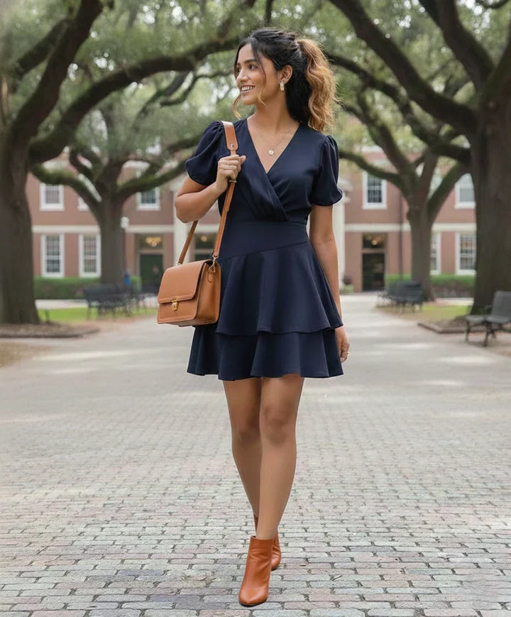 Blue Mini Dress for Women with Wrap Ruffle Style - frontview