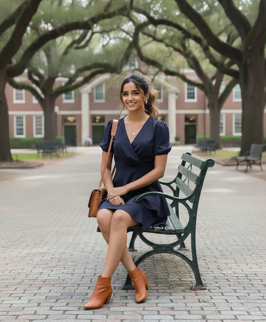 Blue Mini Dress for Women with Wrap Ruffle Style - Stylish look