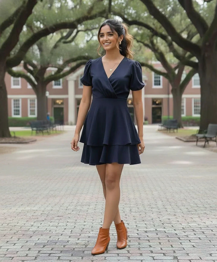 Blue Mini Dress for Women with Wrap Ruffle Style | styling look