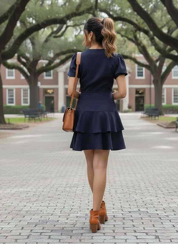 Blue Mini Dress for Women with Wrap Ruffle Style - backside view