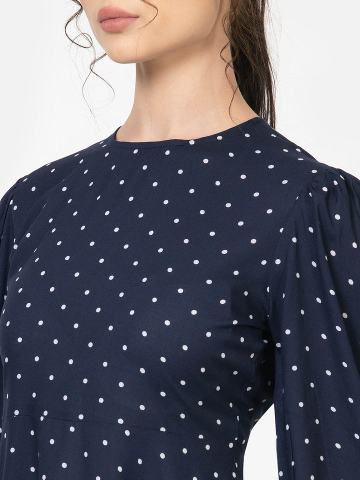 Blue Polka Dot Mini Dress for Women Neckline deatil