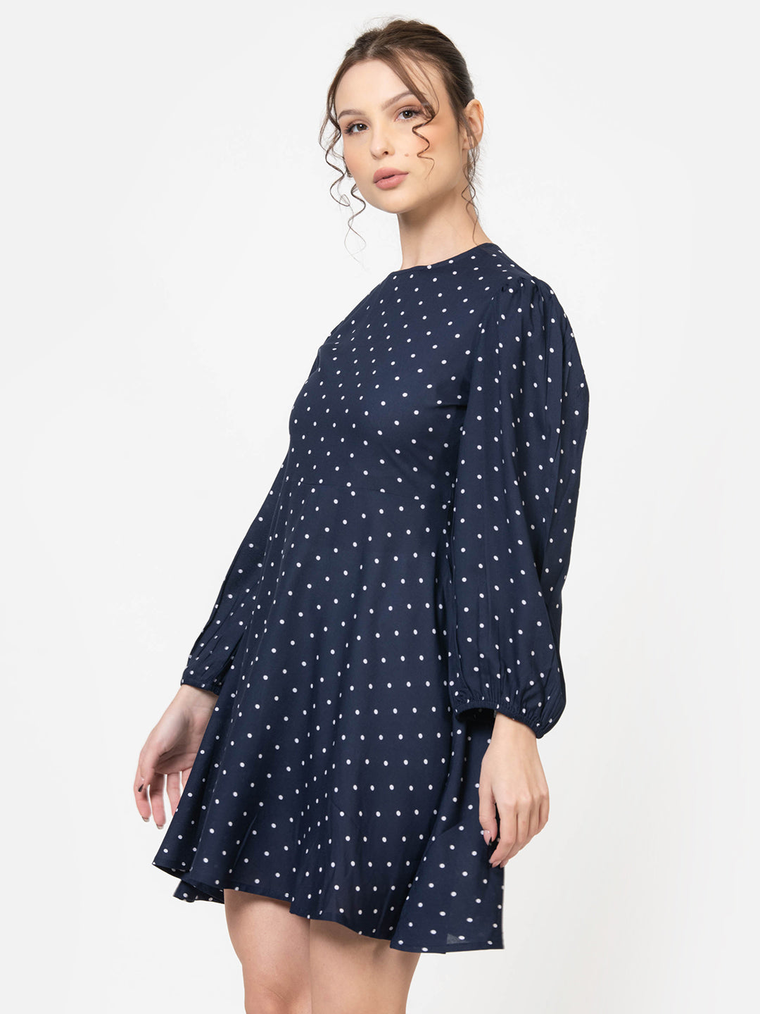Blue Polka Dot Mini Dress for Women back view side look 