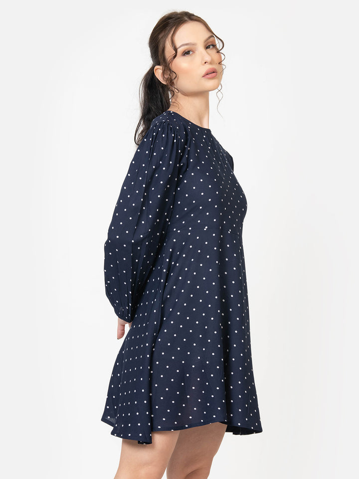 Blue Polka Dot Mini Dress for Women back view side view