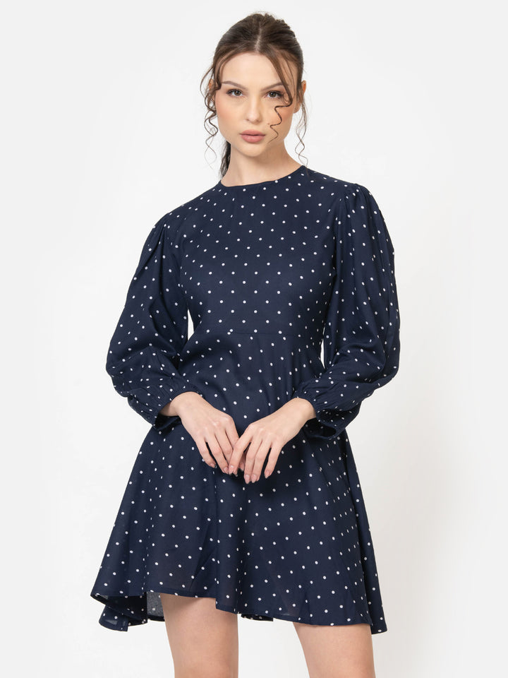 Blue Polka Dot Mini Dress for Women close up view