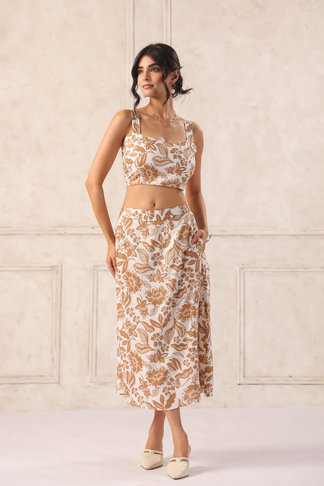 Brown off white floral co ord set for women front view stylish brunch outfit