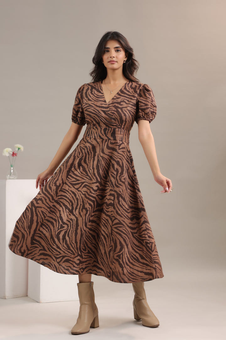 Brown animal print midi dress for women by June 9 Clothing – V neck cotton linen party wear dress