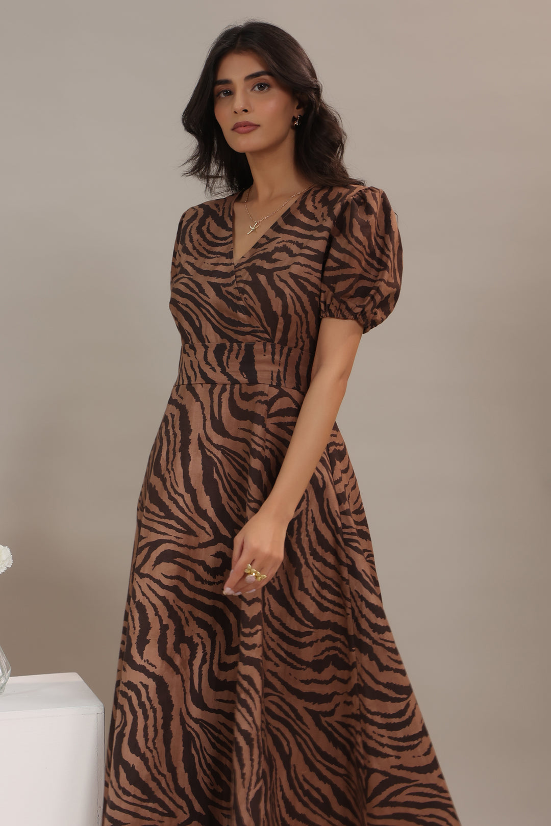 Brown animal print midi dress for women by June 9 Clothing perfect for evening and party wear