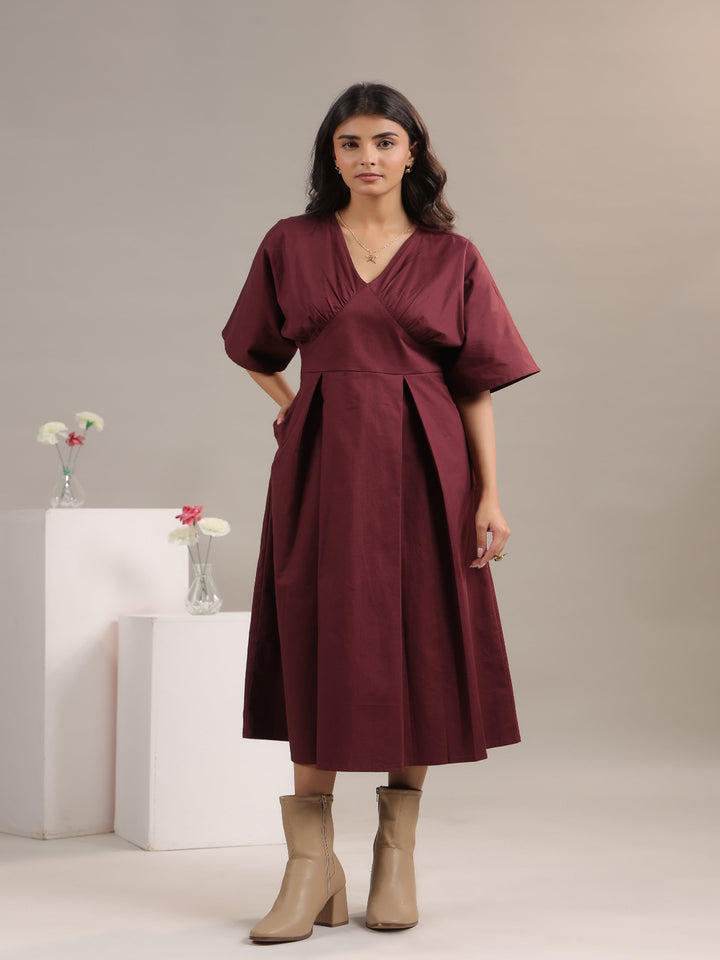 Buy Wine Colour Dresses for Women with pocket  -model front view 