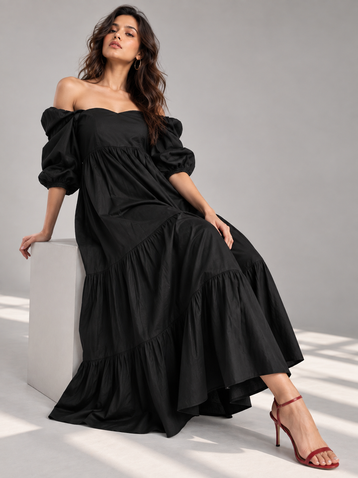 Black Cotton Poplin Maxi Dress