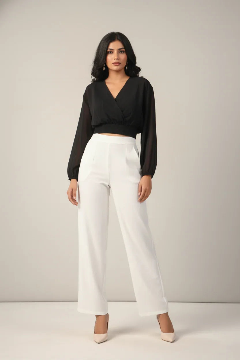 Chiffon Black Crop Top With Smocked Waist - June 9 Clothing