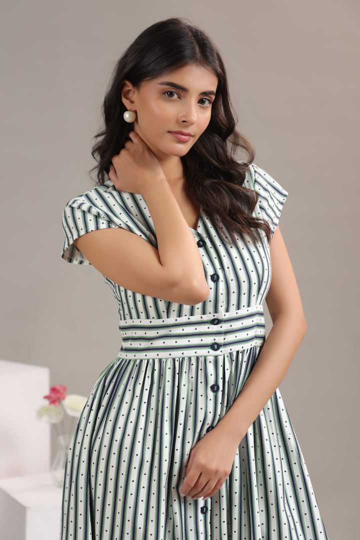Striped Midi Dress – V-Neck Detail