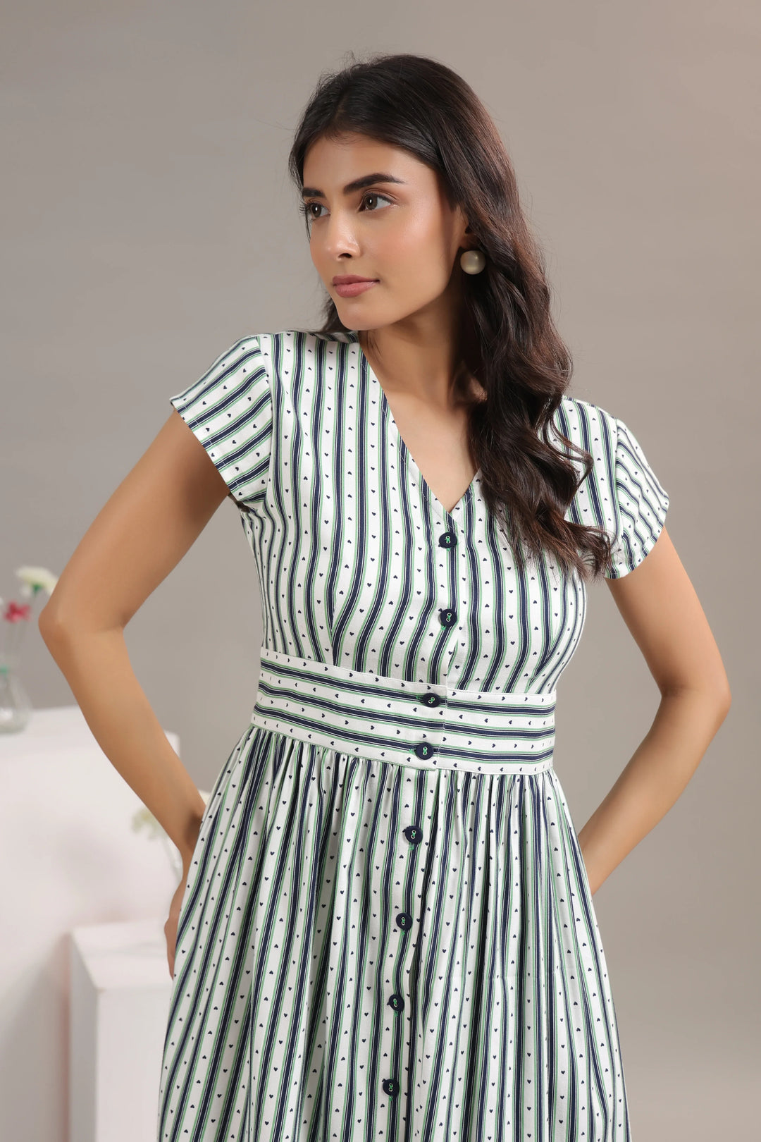 midi dress rayon twill Green Striped Midi Dress for Women