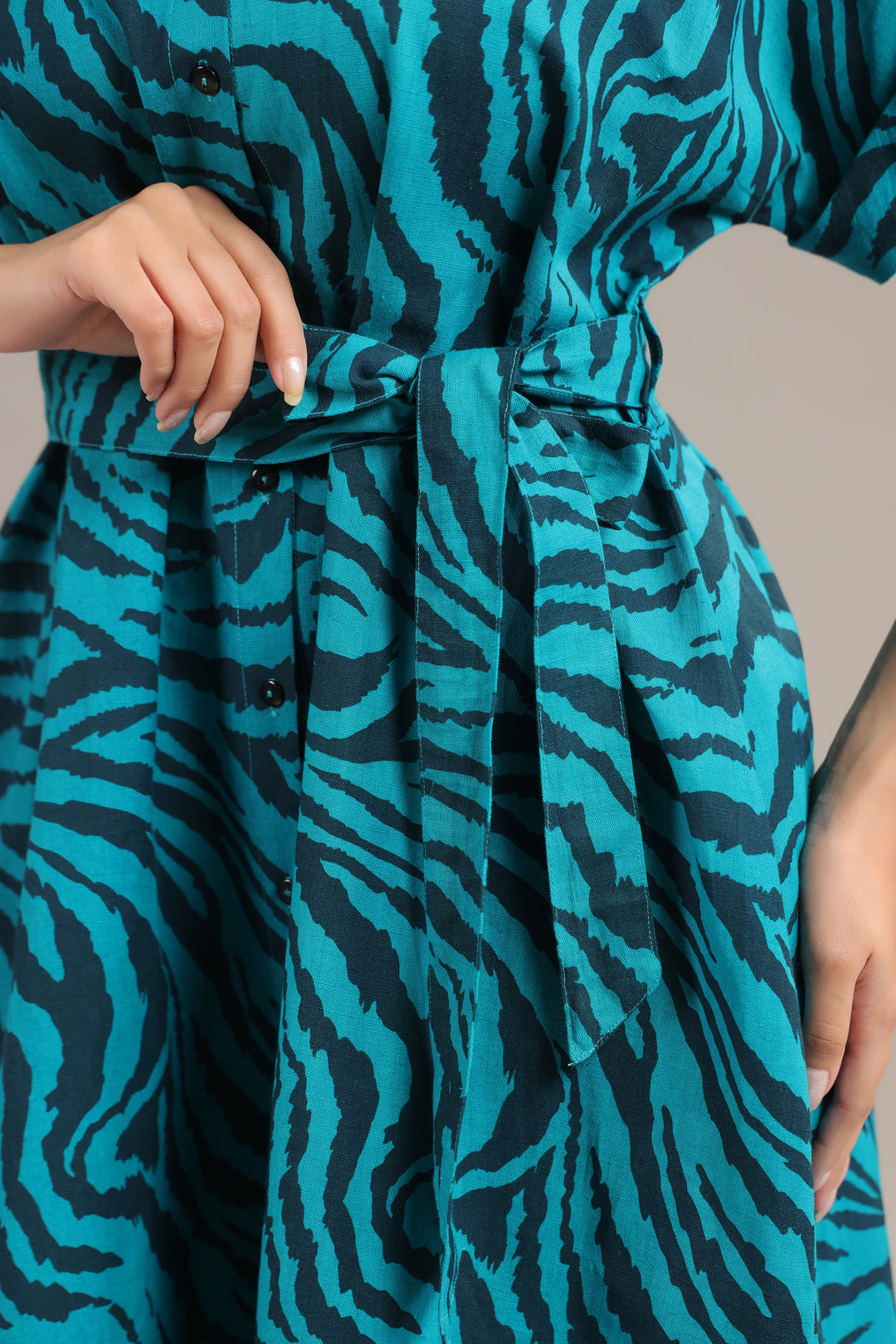 Cotton linen fabric texture of Teal and Black Animal Print Midi Shirt Dress by June 9 Clothing
