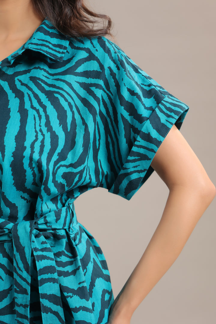 Cotton linen fabric texture of Teal and Black Animal Print Midi Shirt Dress by June 9 Clothing | Short Sleeves
