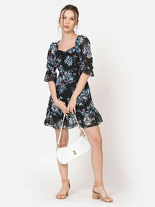 Raven Black Chiffon Floral Print Mini Dress - June 9 Clothing