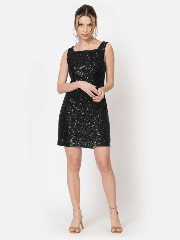 Black Sequin Square Neck Mini Party Dress