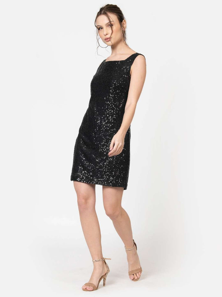 Black Sequin Square Neck Mini Party Dress