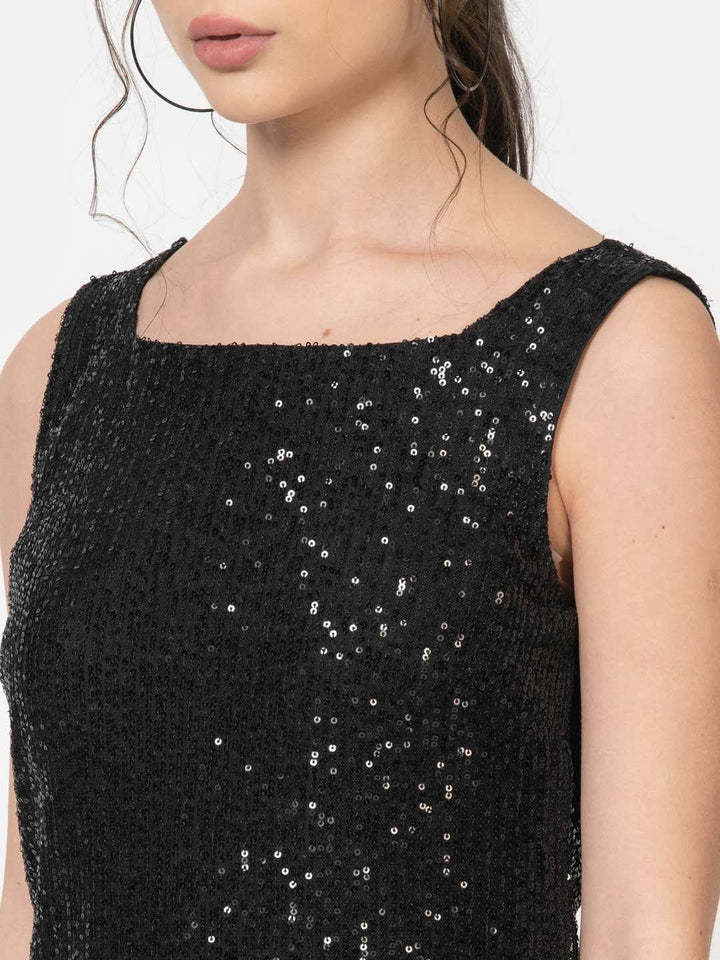 Black Sequin Square Neck Mini Party Dress