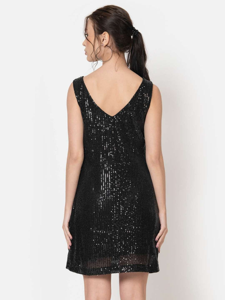 Black Sequin Square Neck Mini Party Dress