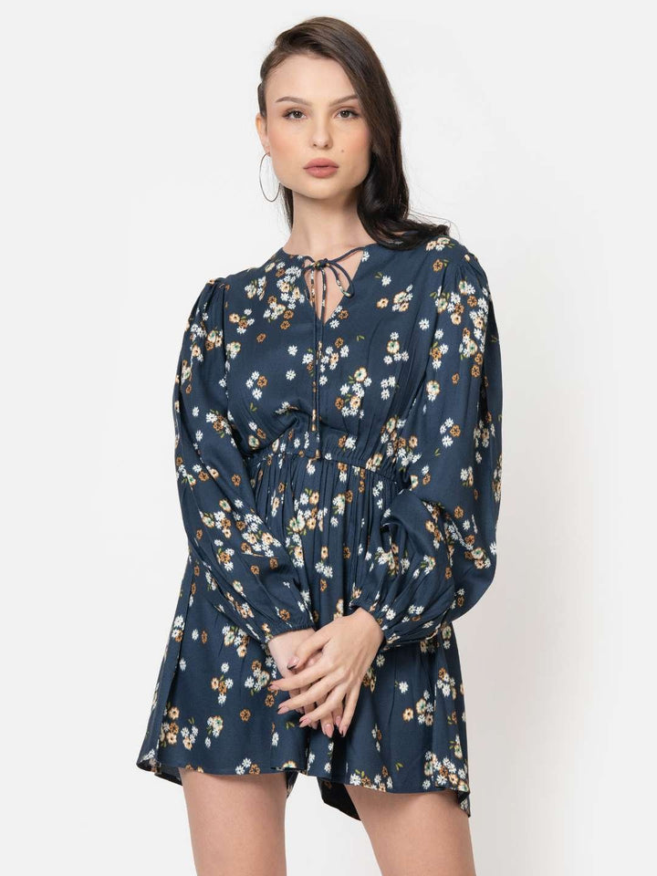 Prussian Blue Crepe Floral Print Playsuit