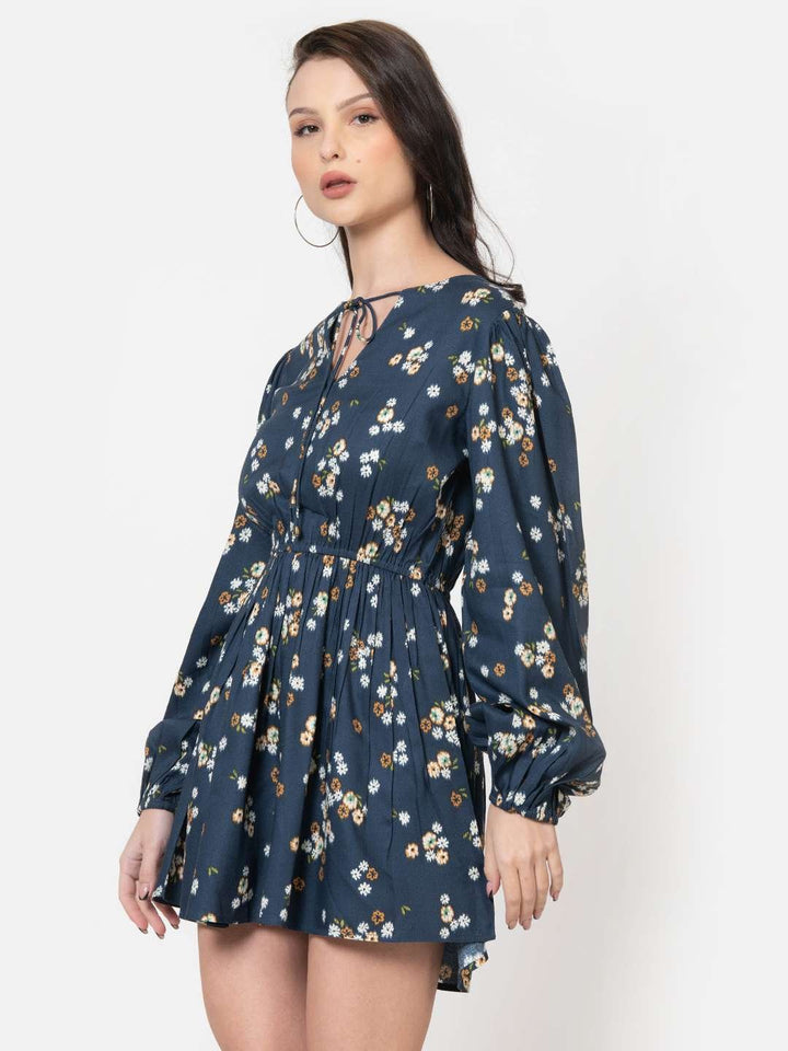 Prussian Blue Crepe Floral Print Playsuit