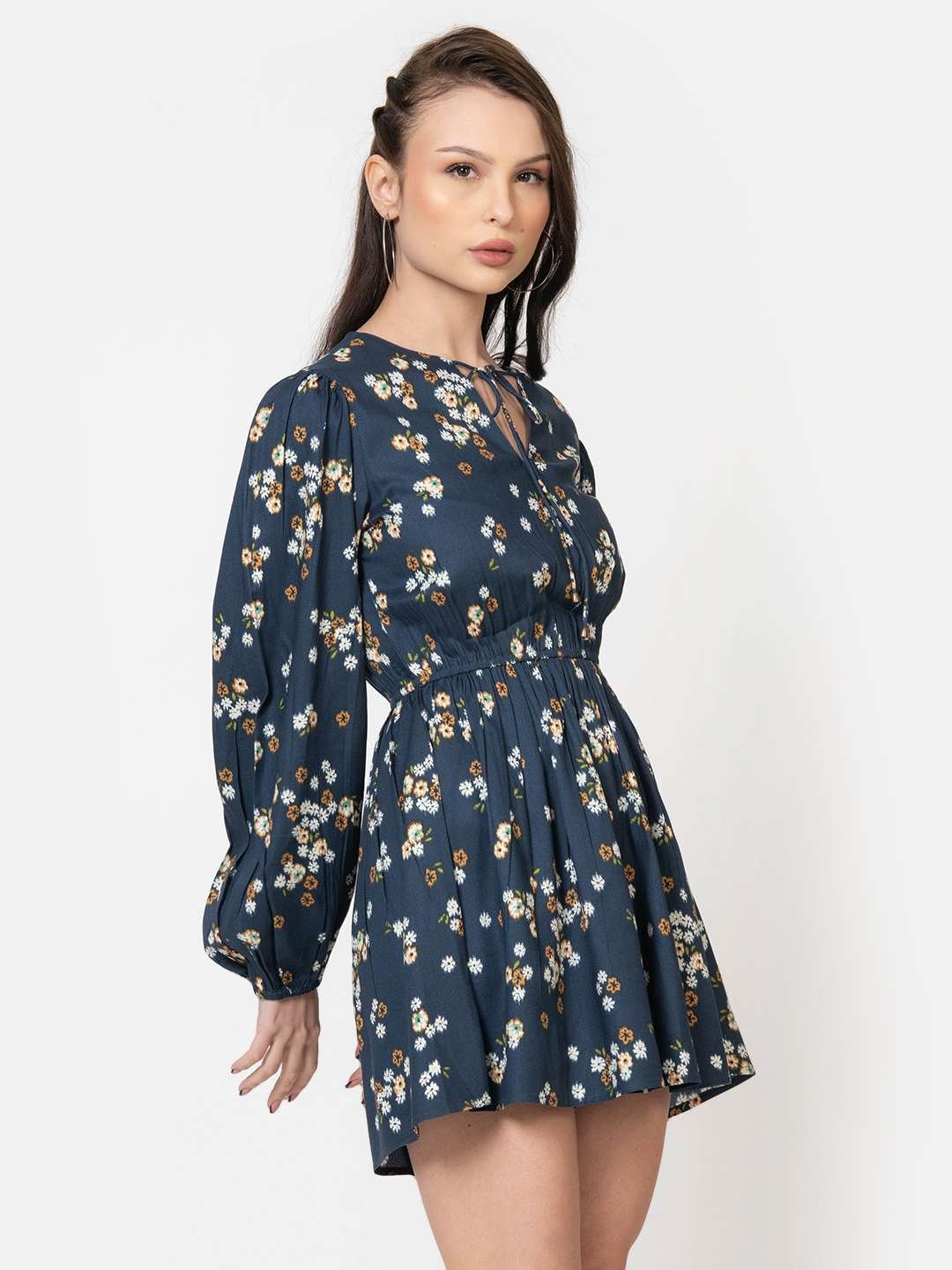 Prussian Blue Crepe Floral Print Playsuit