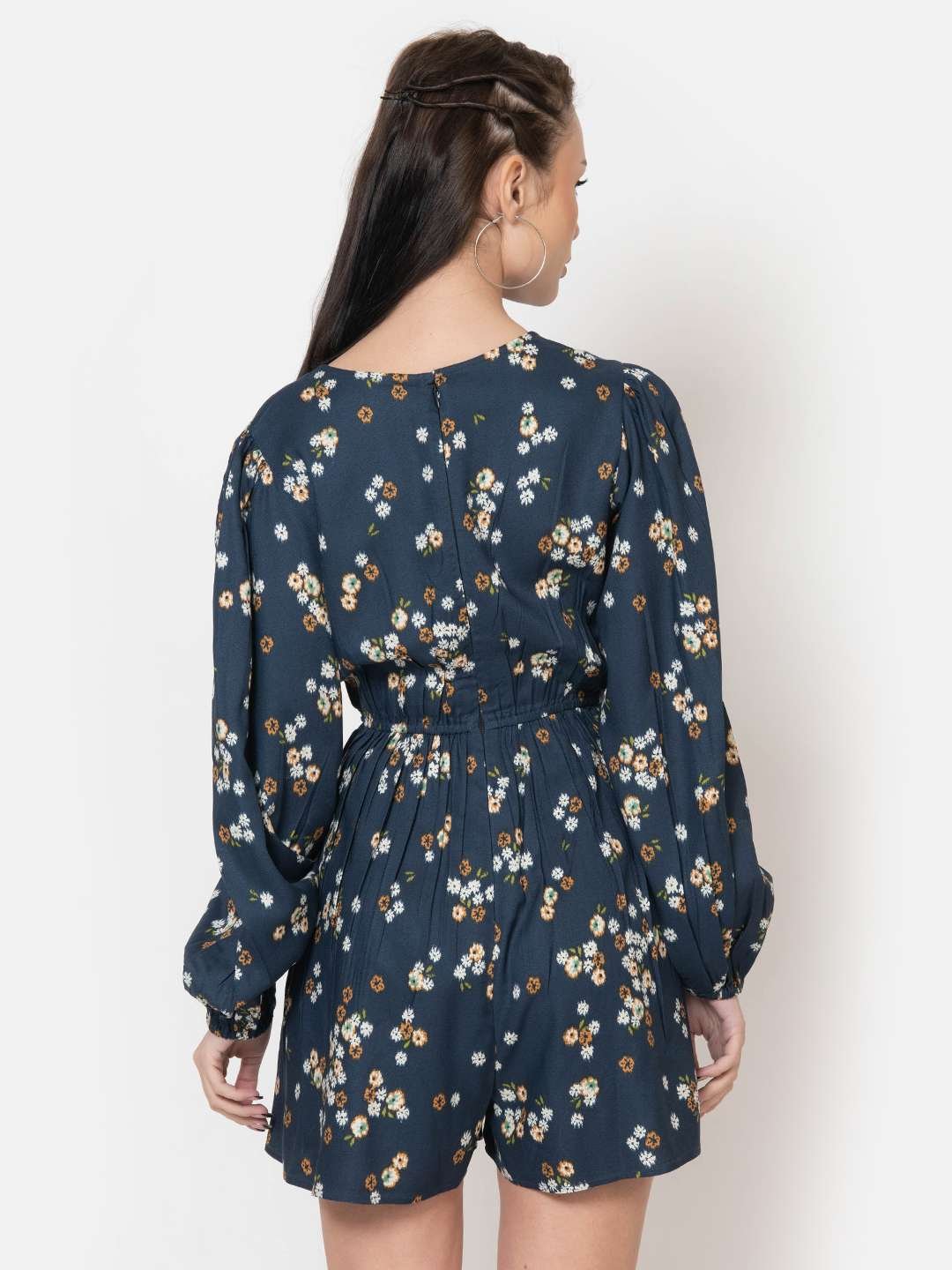 Prussian Blue Crepe Floral Print Playsuit