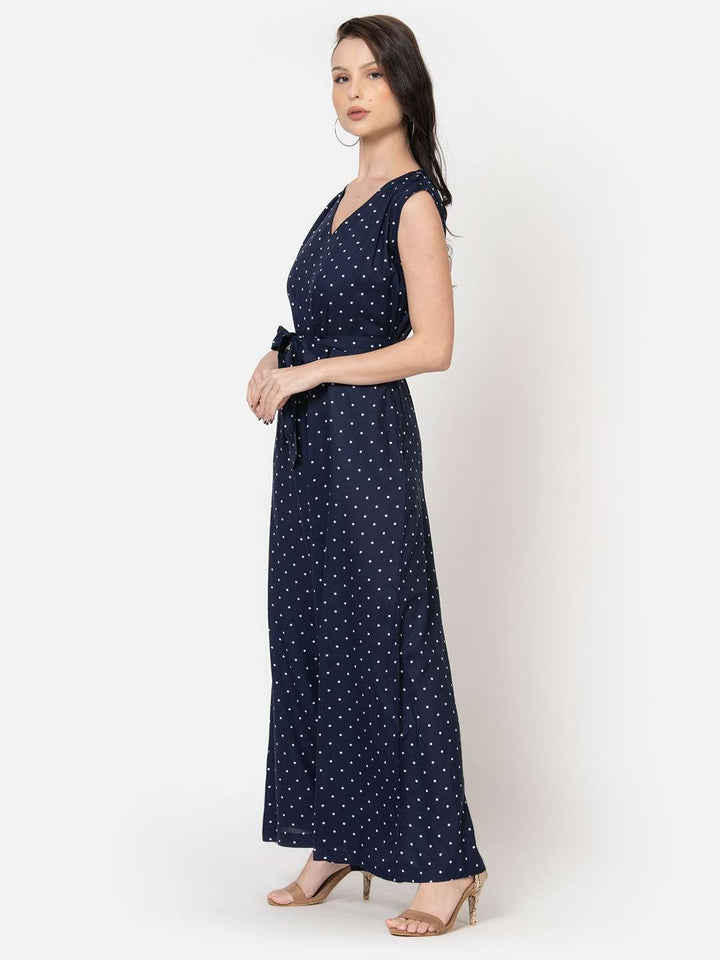 Blue Berry Rayon Polka Dot Wide Leg Jumpsuit