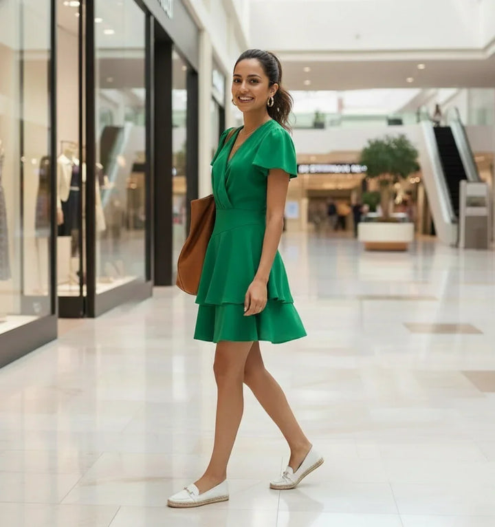 Model showcasing the flattering fit of the June 9 Clothing Wrap Ruffle Mini Dress online India, highlighting the tiered ruffle skirt.