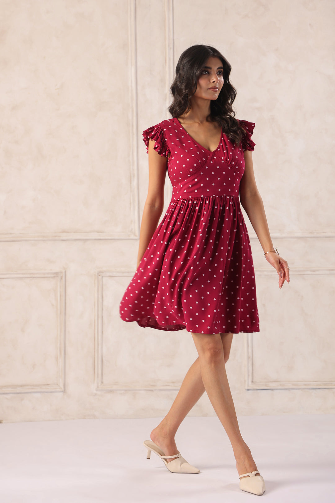 Plum polka dot flared mini dress for women lightweight rayon summer outfit