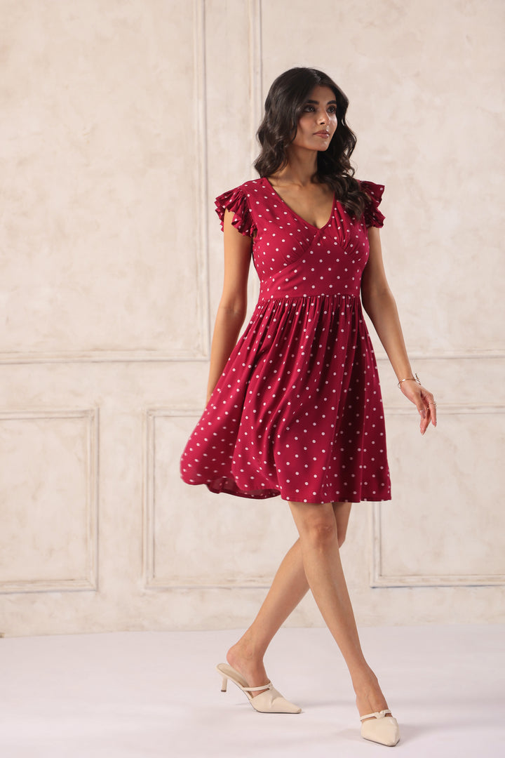 Plum polka dot flared mini dress for women lightweight rayon summer outfit