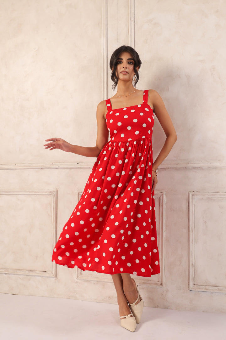 Red polka dot midi dress for women flared silhouette lightweight summer dress
