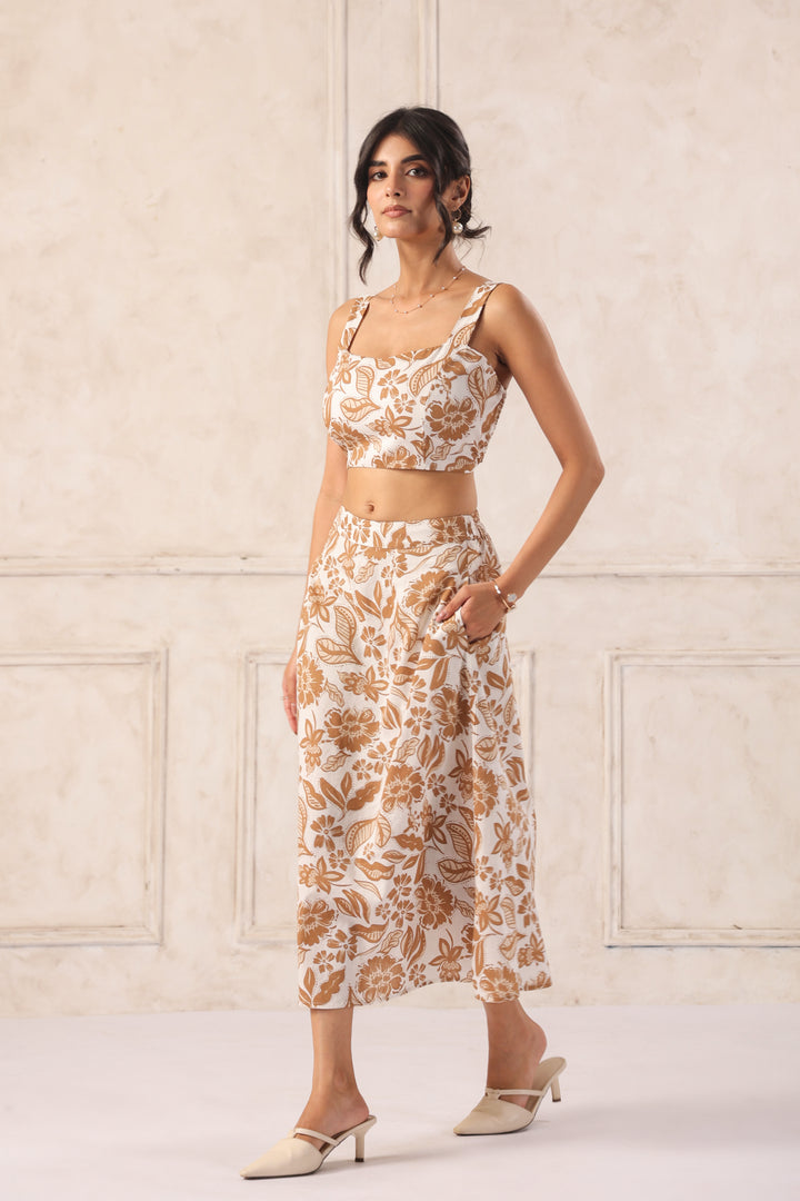 Floral co ord set for women full look stylish brown two piece brunch outfit