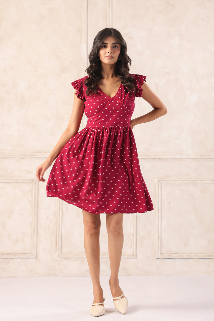 Flowy Plum Polka Dot Mini Dress Summer Wear