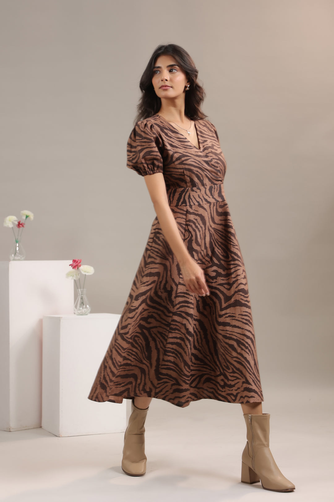 Flowy animal print midi dress for women by June 9 Clothing made in breathable cotton linen