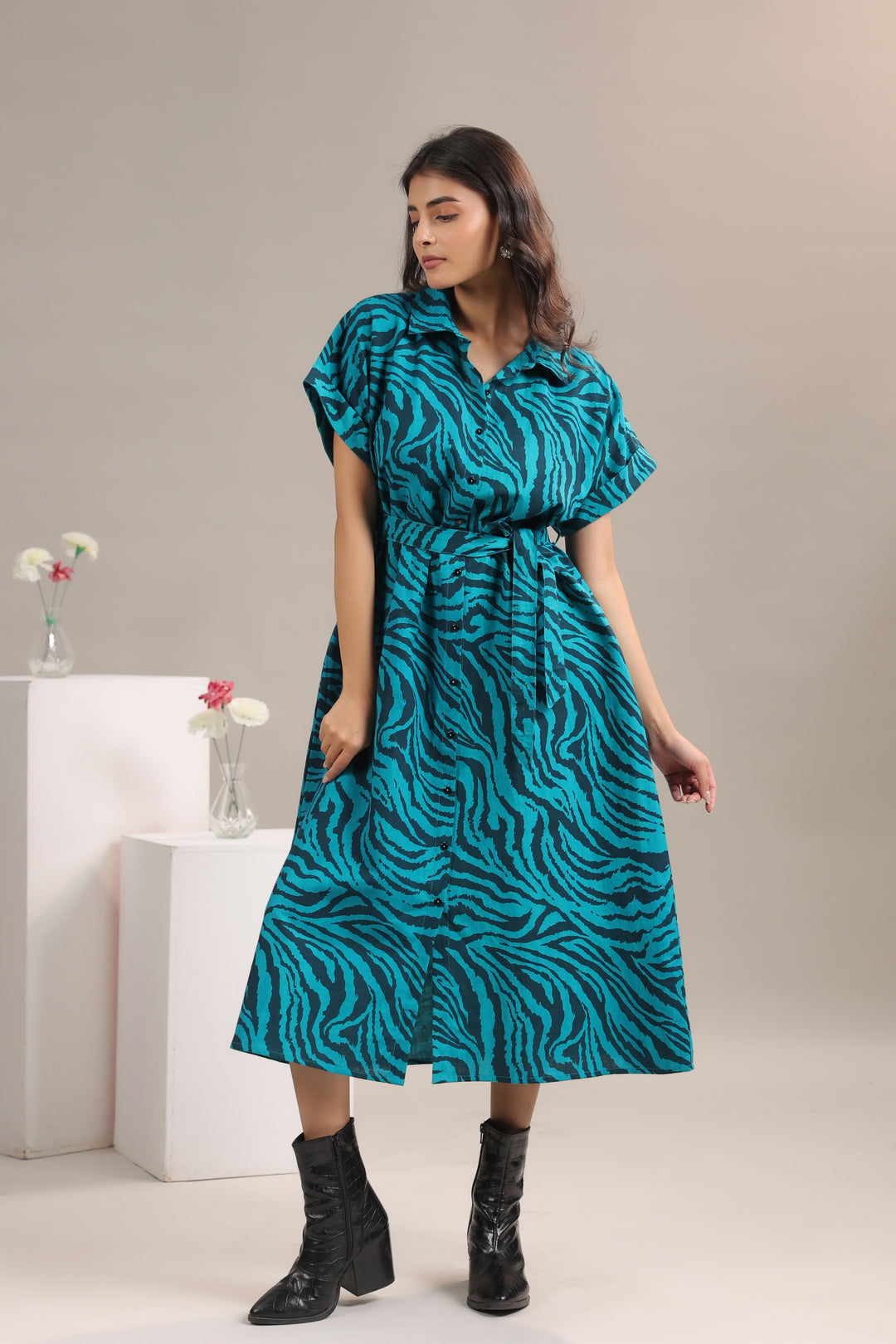 Flowy silhouette of Teal and Black Animal Print Midi Shirt Dress worn by model from June 9 Clothing