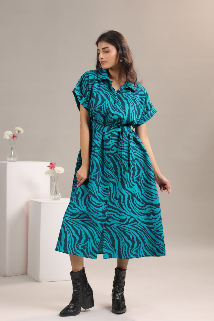 Flowy silhouette of Teal and Black Animal Print Midi Shirt Dress worn by model from June 9 Clothing