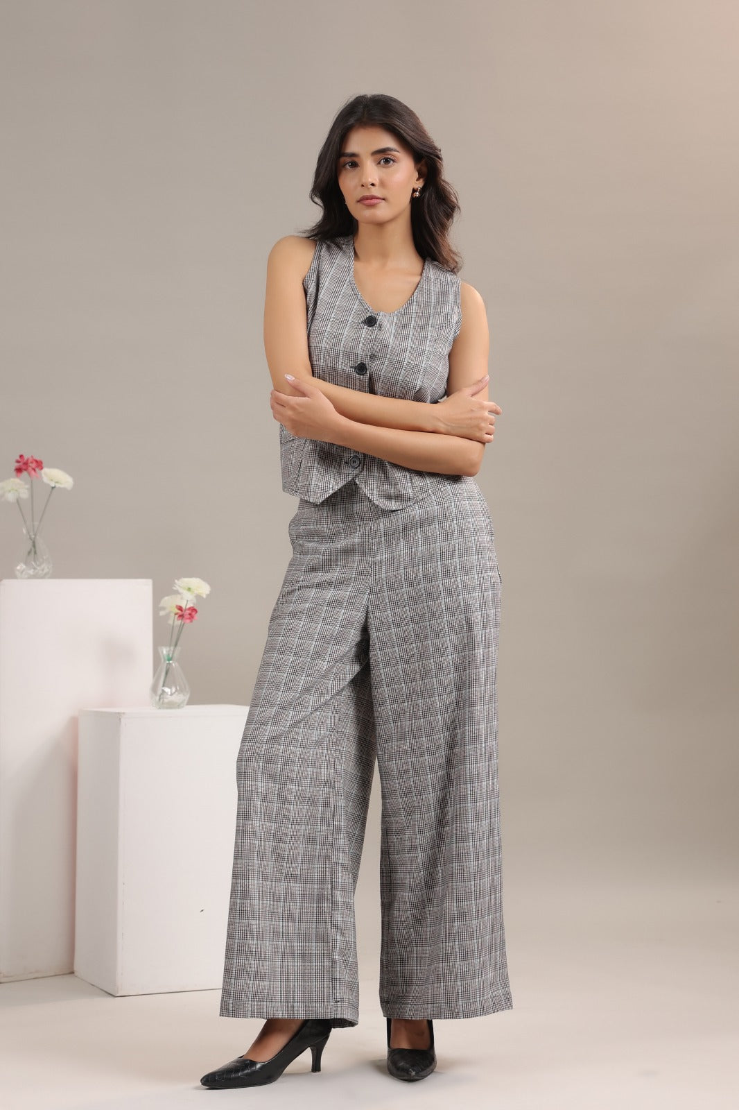 Grey checkered co ord set for women front angle office wear formal outfit