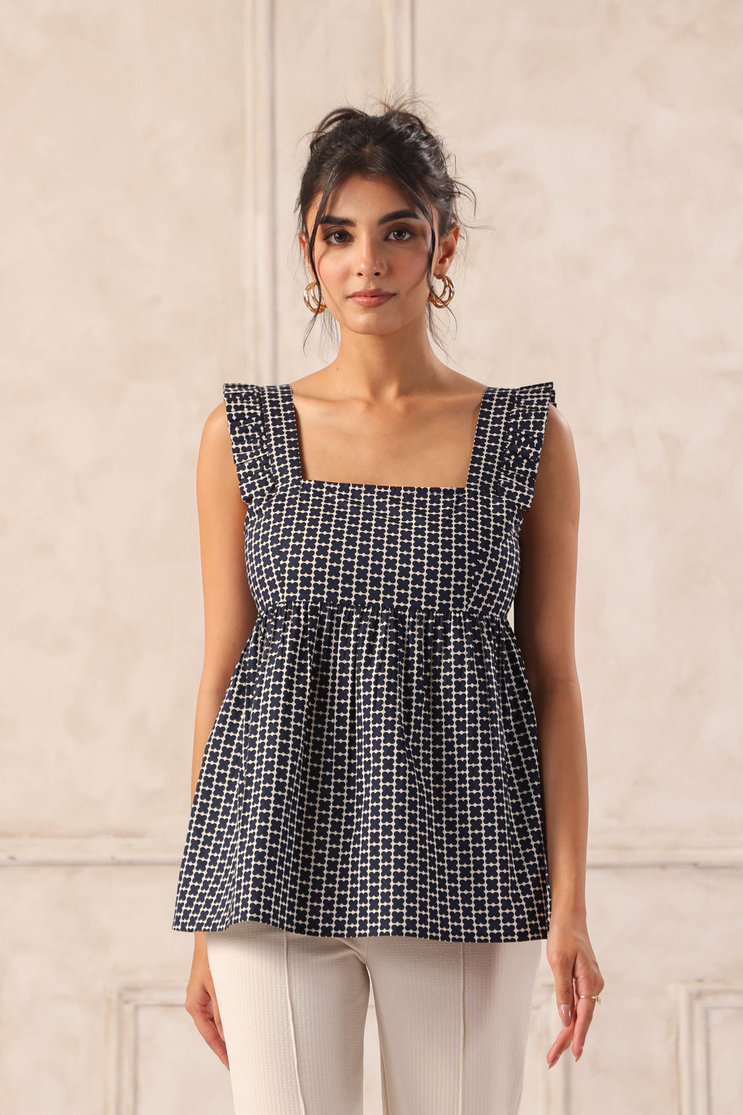 Navy peplum top front view women square neck cotton sleeveless top