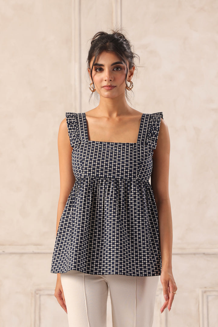 Navy peplum top front view women square neck cotton sleeveless top