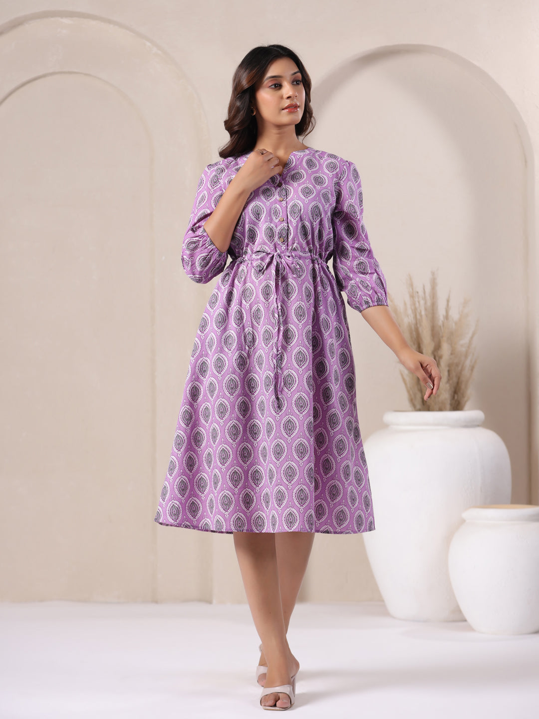 Front view of lavender cotton midi dress with traditional buti print for women