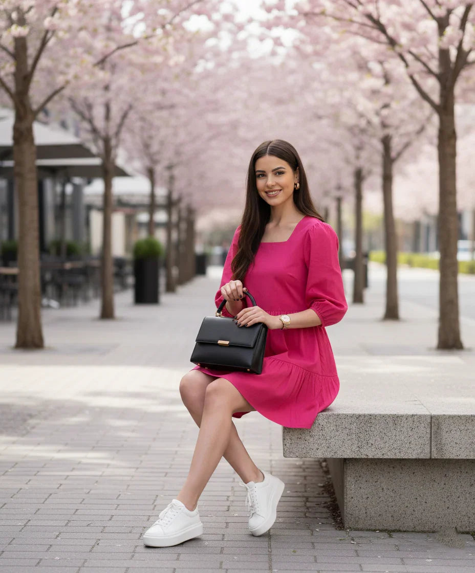 Fuschia Mini Dress for Women with Stylish Square Neck Design