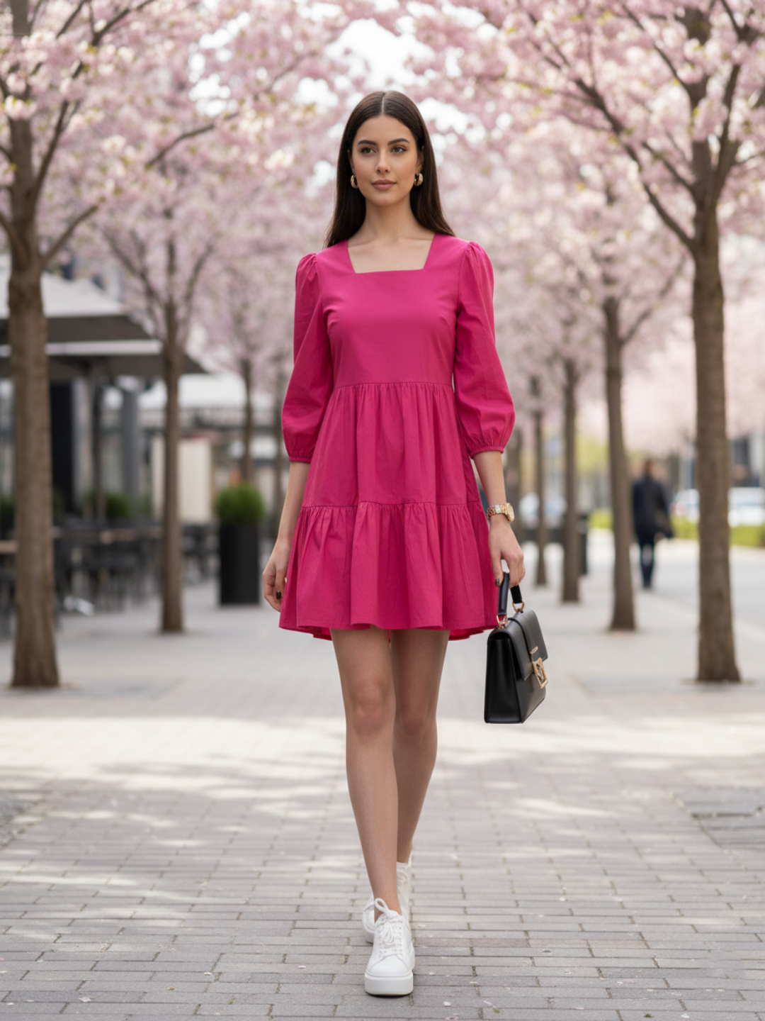 Fuschia Mini Dress for Women with Square Neck