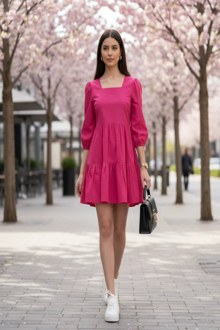 Fuschia Mini Dress for Women with Square Neck