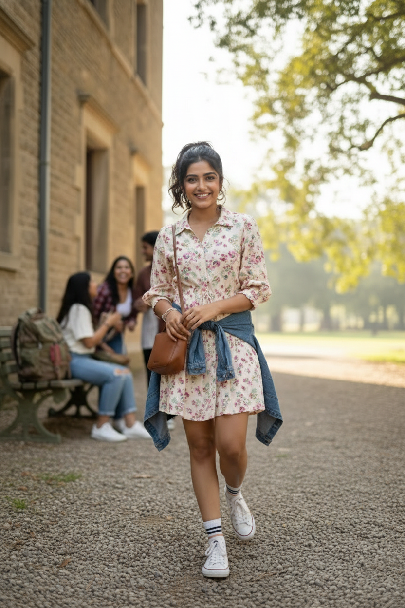 Women’s short dress with ditsy floral print and collar — front view | June 9 Clothing