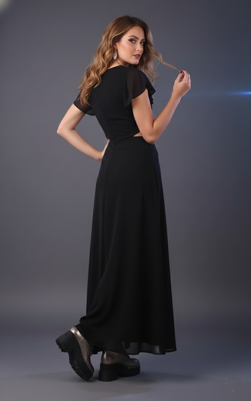 Back view of women’s black georgette maxi dress | June 9 Clothing