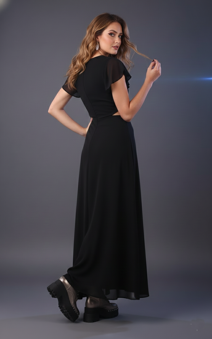 Back view of women’s black georgette maxi dress | June 9 Clothing