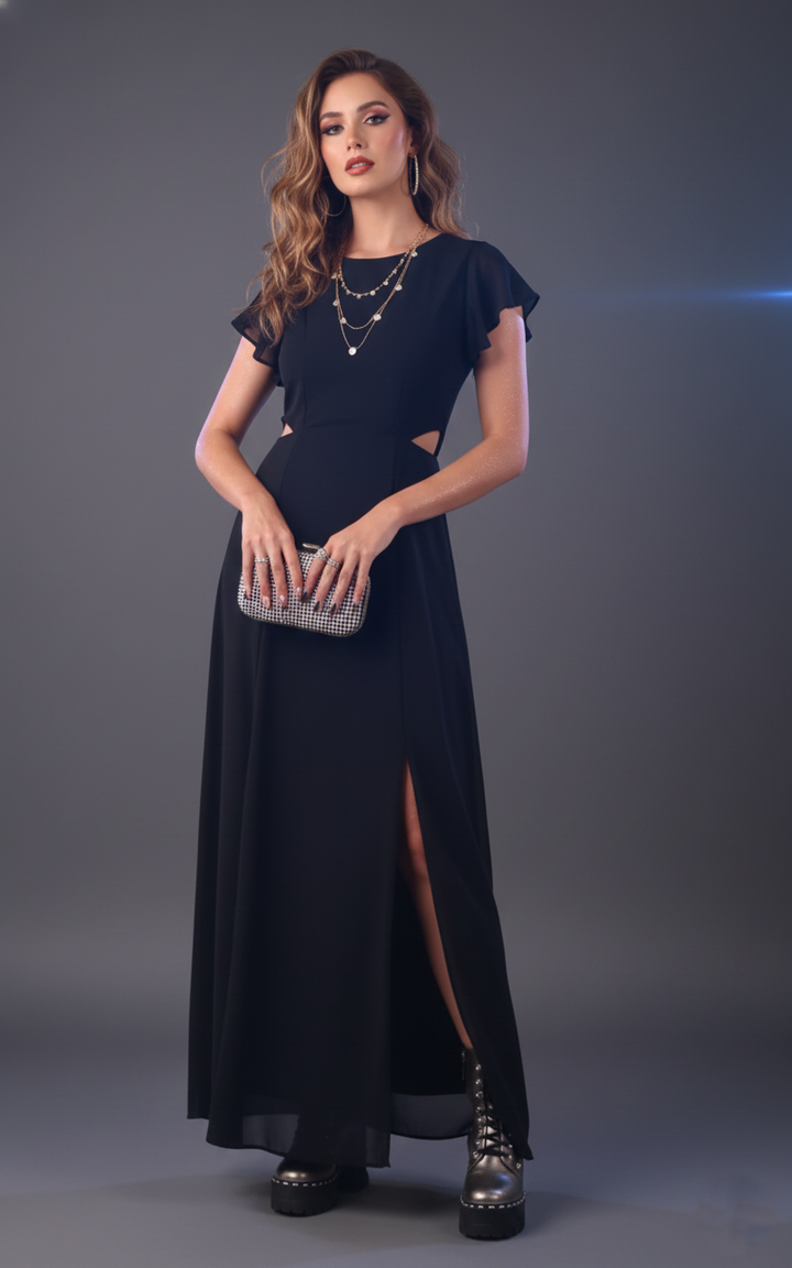 Black georgette maxi dress for women – front view, sleeveless | June 9 Clothing