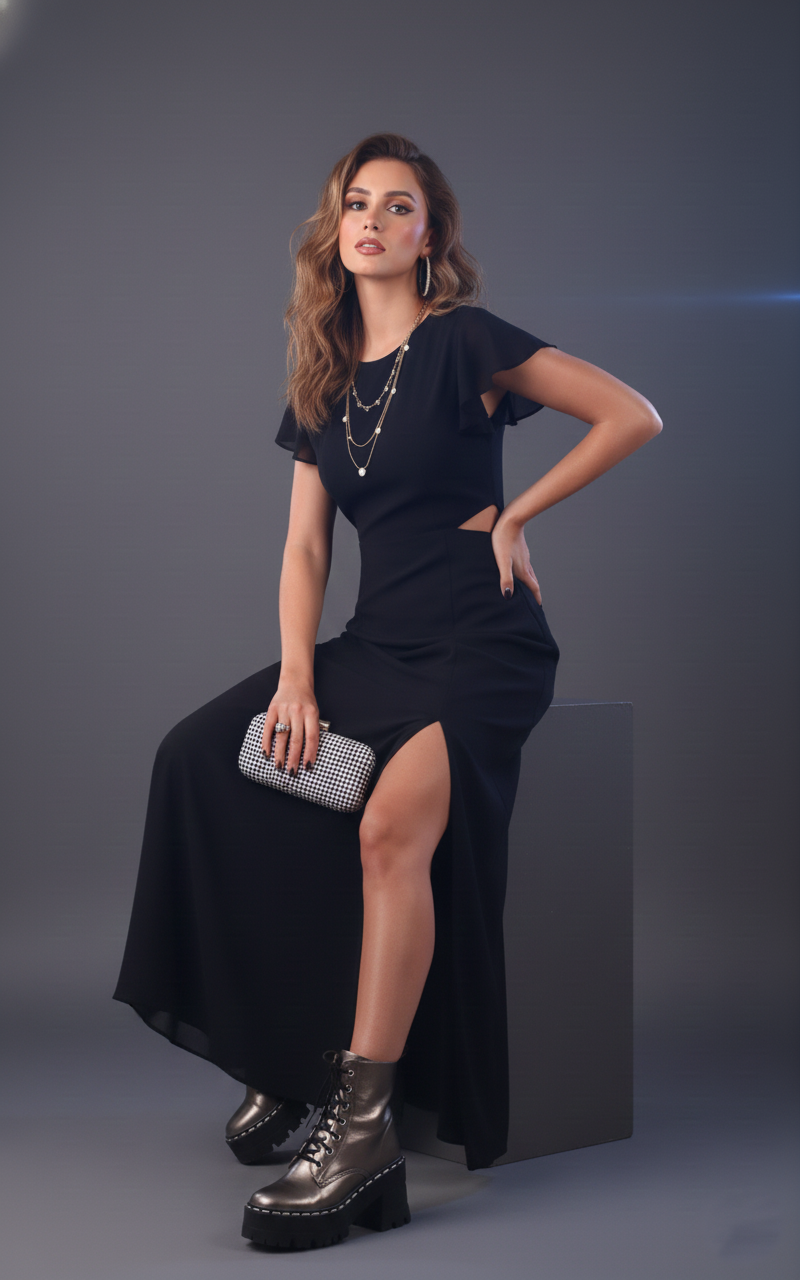 Side view of black georgette maxi dress for women | June 9 Clothing